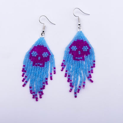 Glass Beaded skull fringe earrings