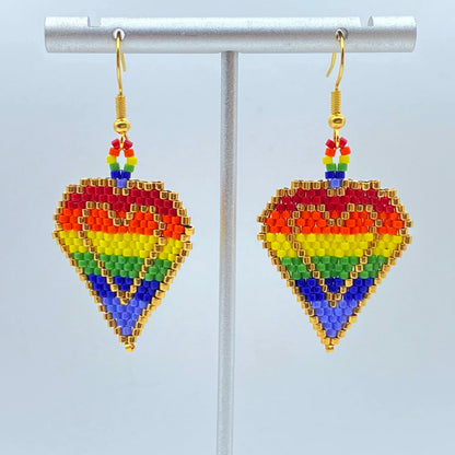Beaded Glass Heart Pride Rainbow Earrings