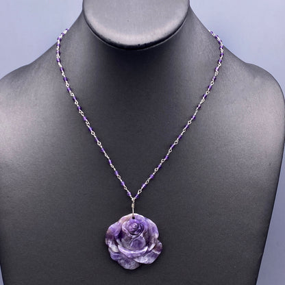 Amethyst Rose Pendant on Beaded Chain