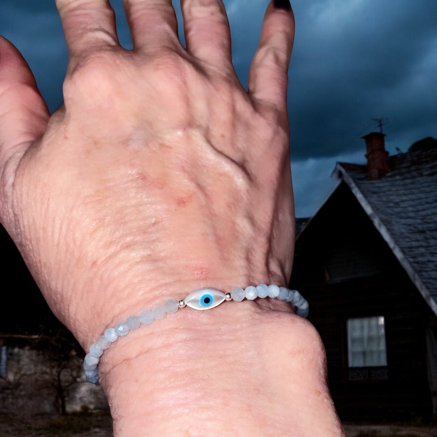 Dainty Aquamarine and Evil Eye Bracelet