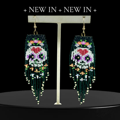 Glass Beaded Sugar Skull Fringe earrings