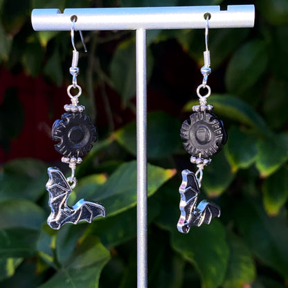 Bat Dangle Earrings with Onyx Flowers
