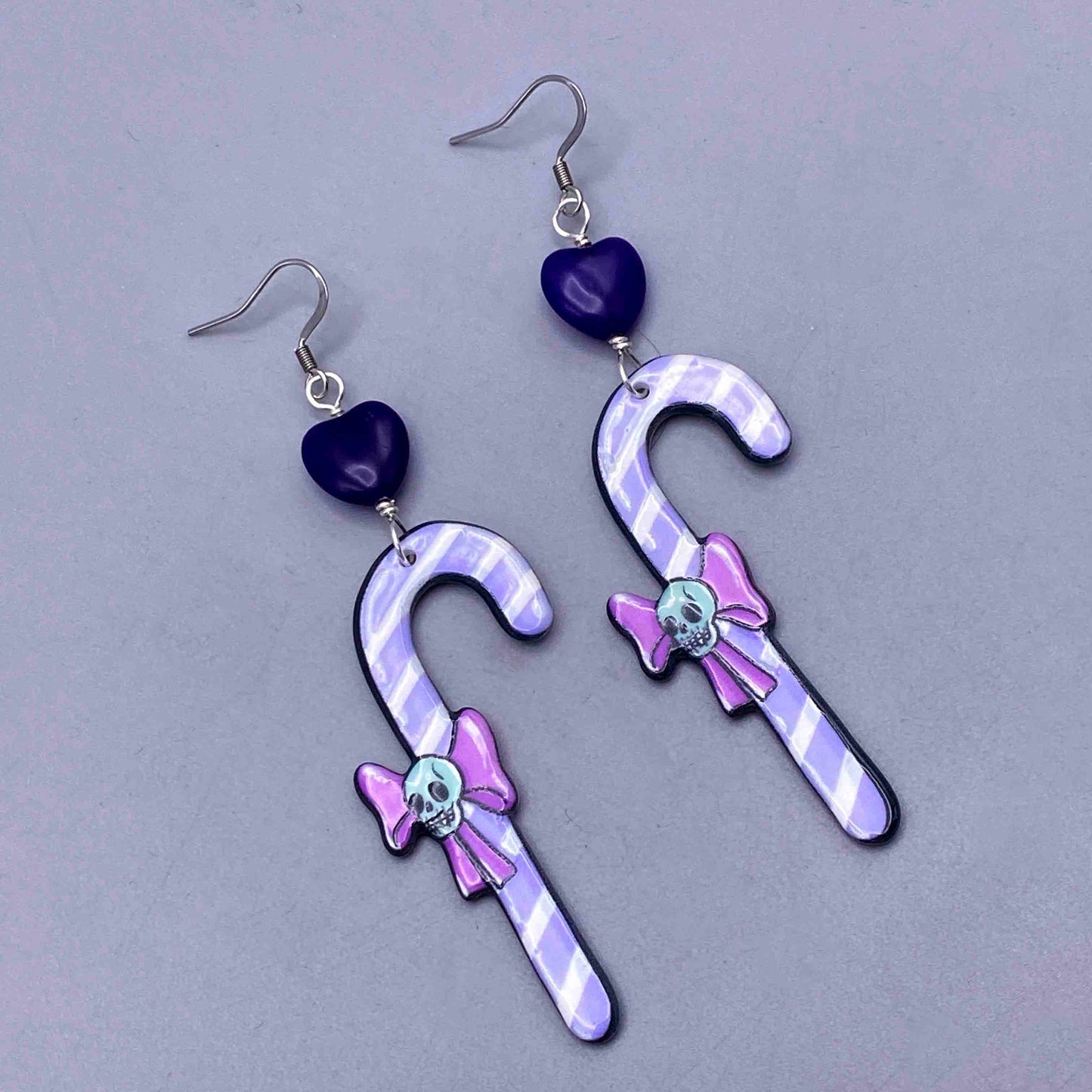 Amethyst heart and Candy dangle cane earrings