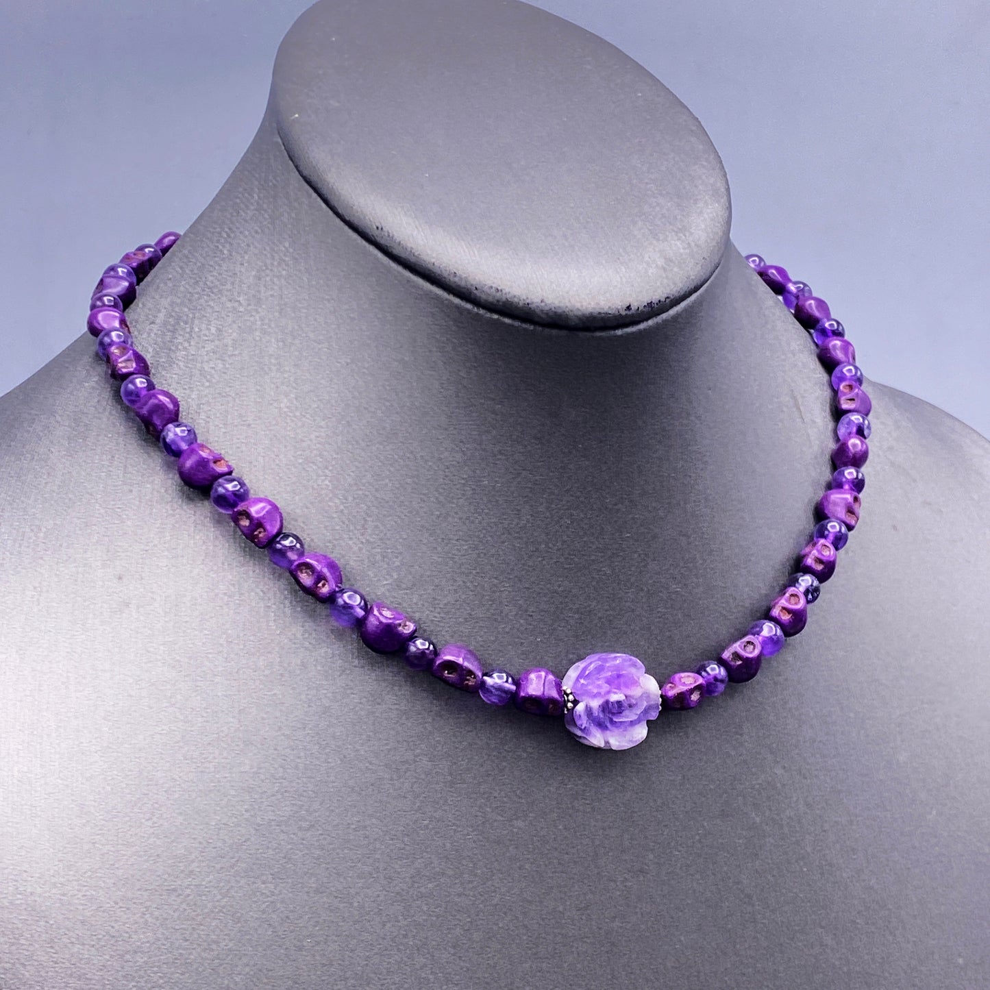 Amethyst Rose and Skull Necklace