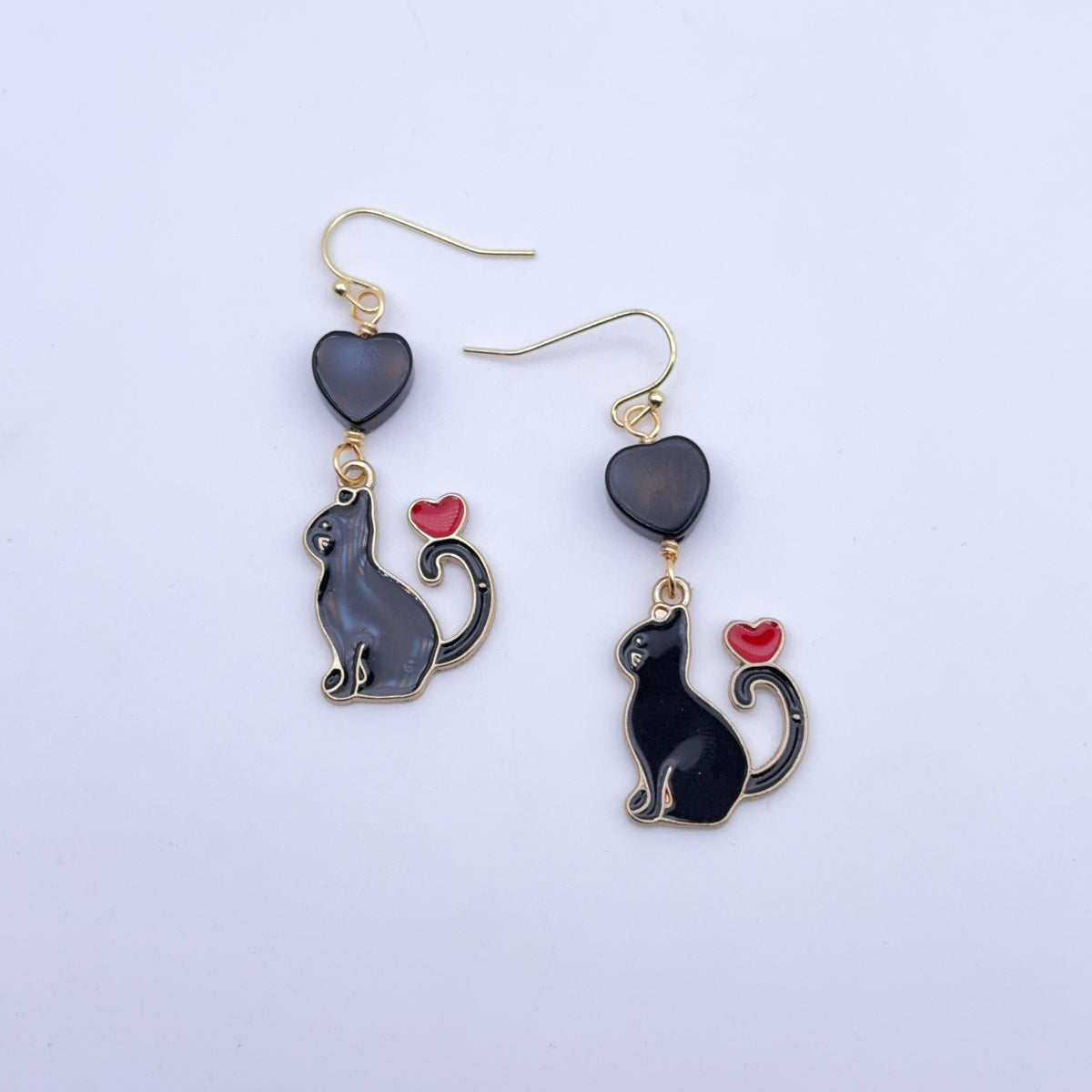 Black Cat and Onyx Gemstone Heart Earrings