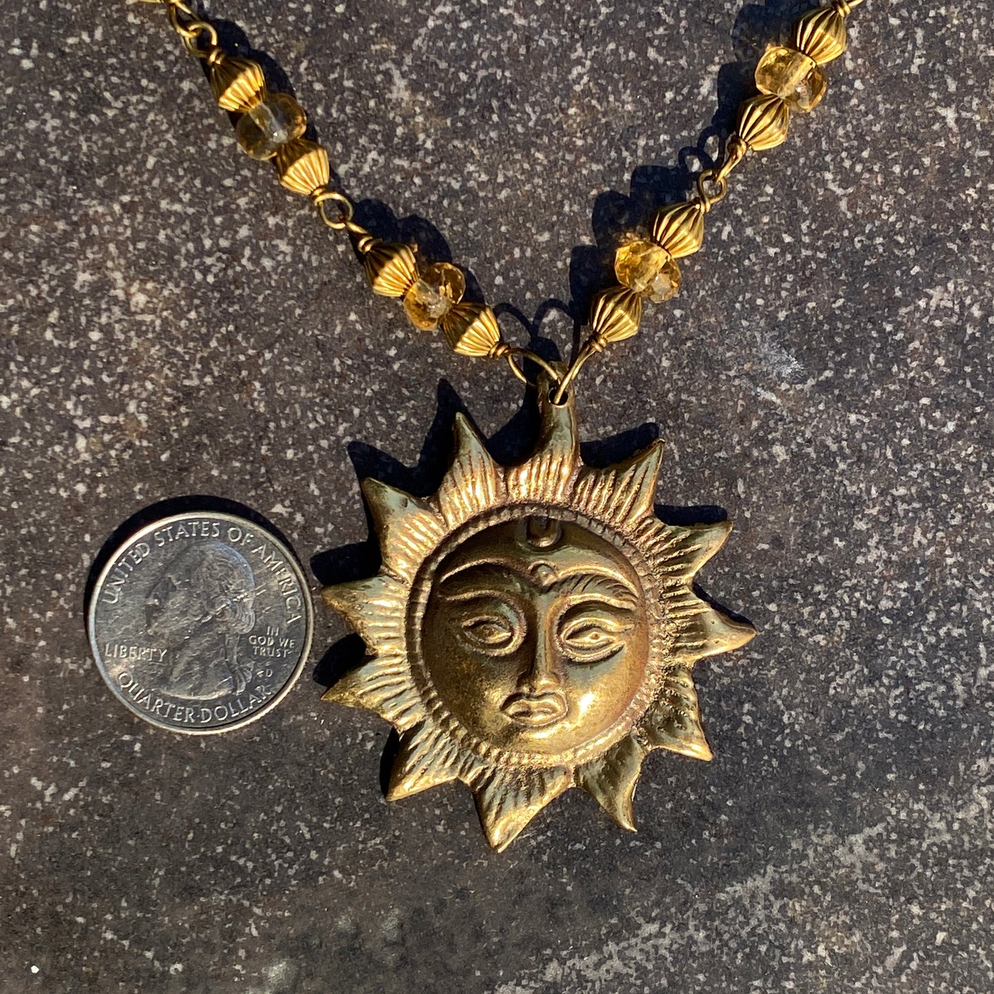 Brass Sun and Citrine Necklace