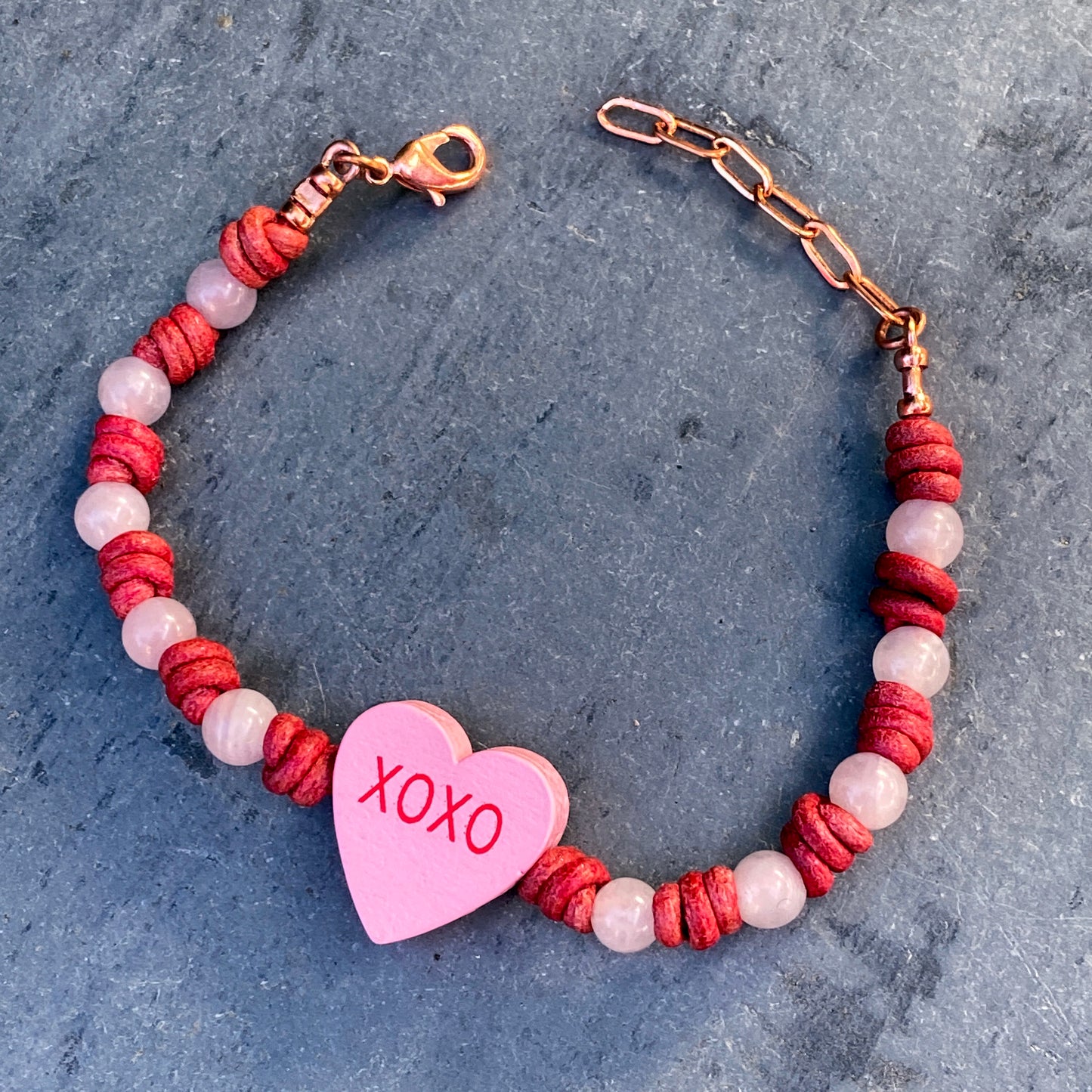 Rose Quartz Sweetheart Bracelet “XOXO”