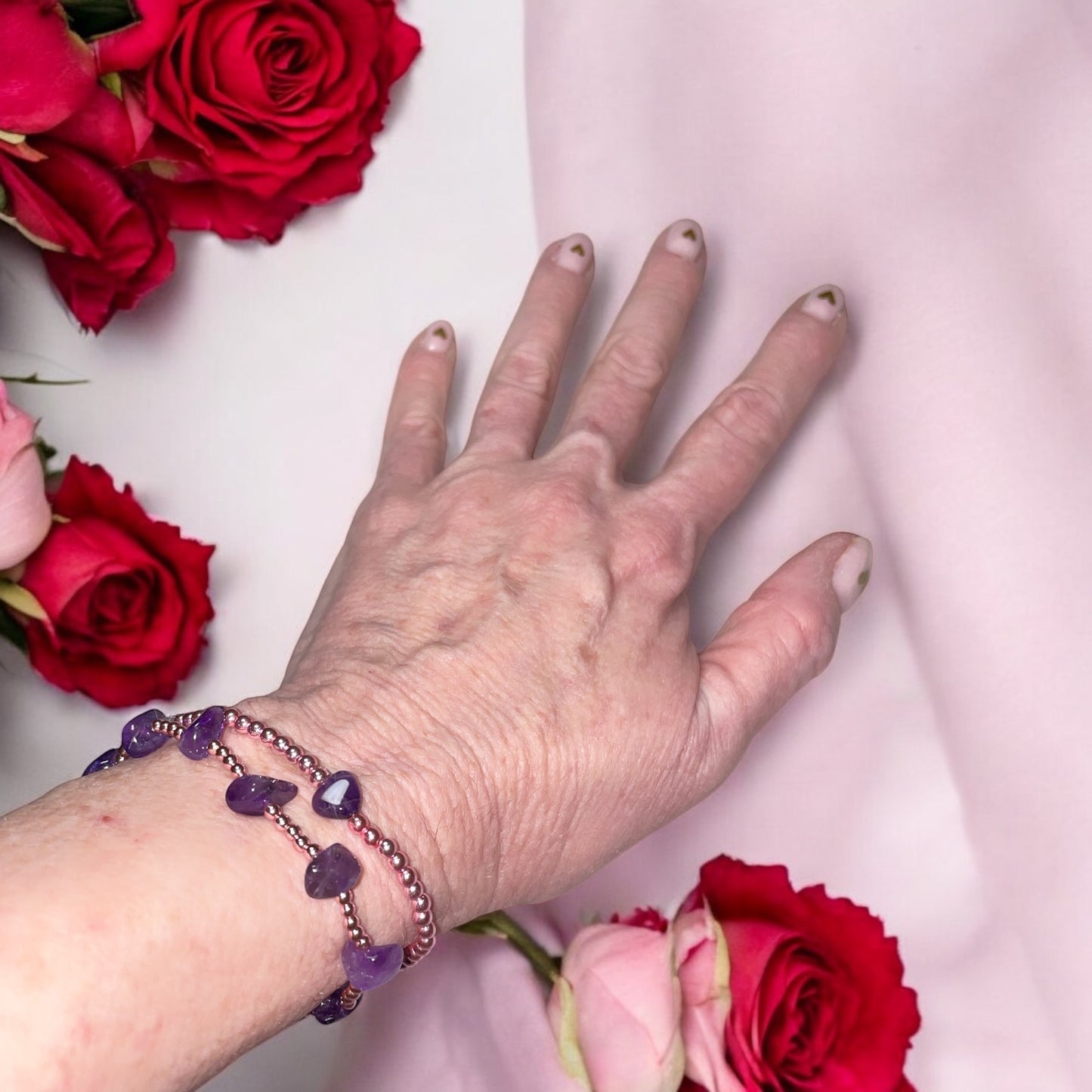 Dainty Amethyst Heart Rose Hematite Bracelet Stack