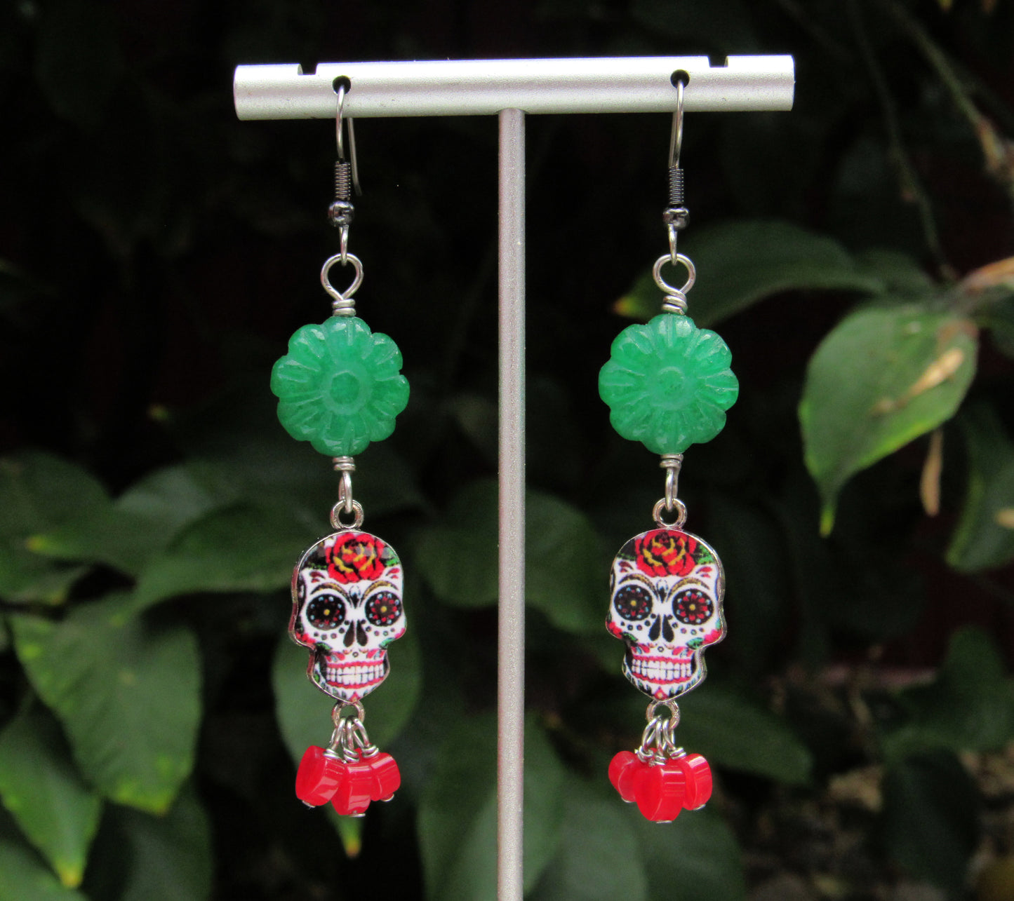 Sugar Skull with Red and Green Jade dangle earrings