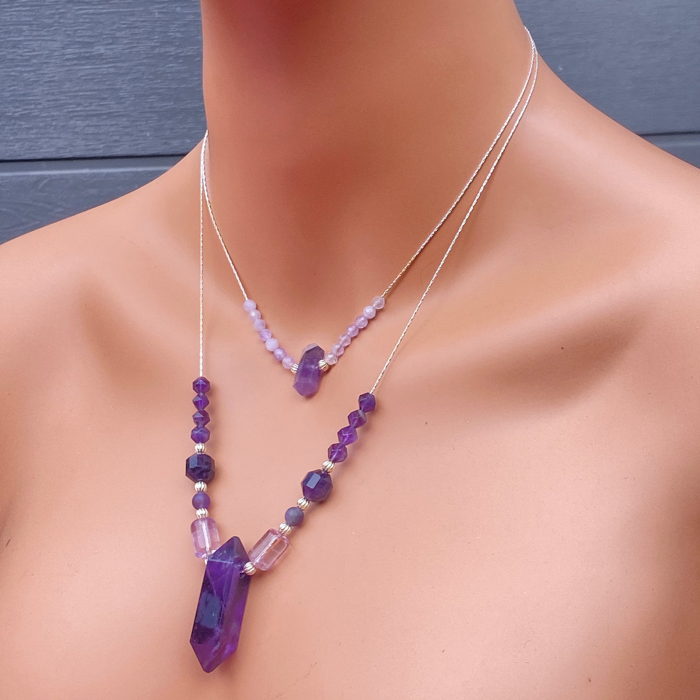 Amazing Layered Amethyst gemstone Necklace with sterling silver.