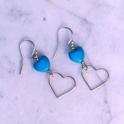 Turquoise and Sterling Silver Dangle Heart Earrings