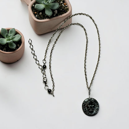 Hematite Lion Pendant on Patina copper chain Necklace