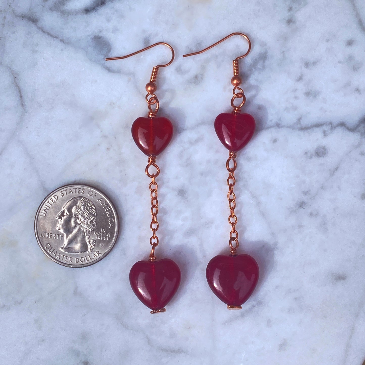 Red Jade Heart and Copper Dangle Earrings