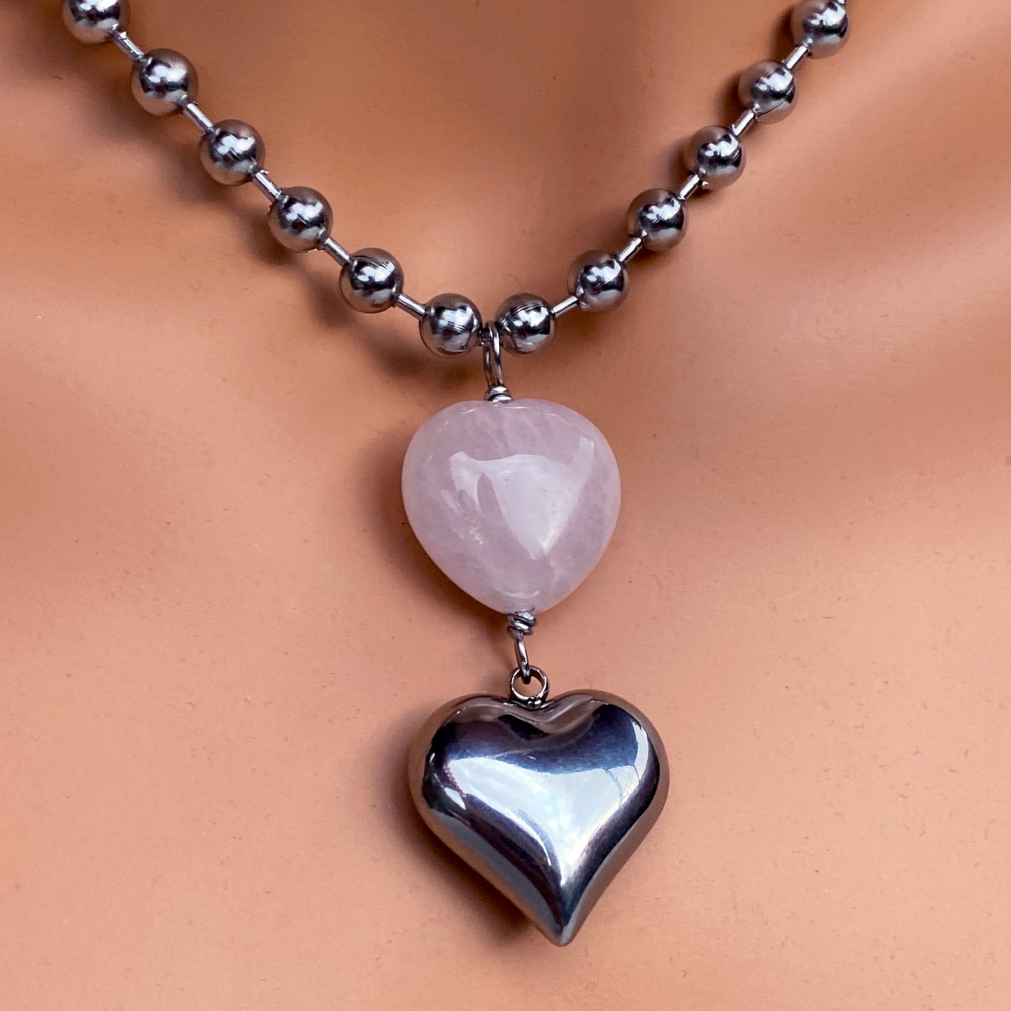 Rose Quartz and stainless steel Heart Necklace
