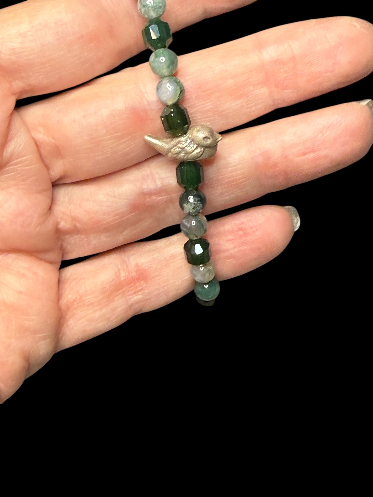 Moss Agate Gemstone and bird bracelet