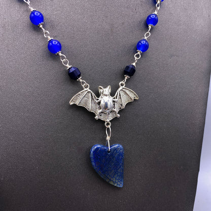 Blue Agate gemstone crystals bat pendant Halloween Necklace