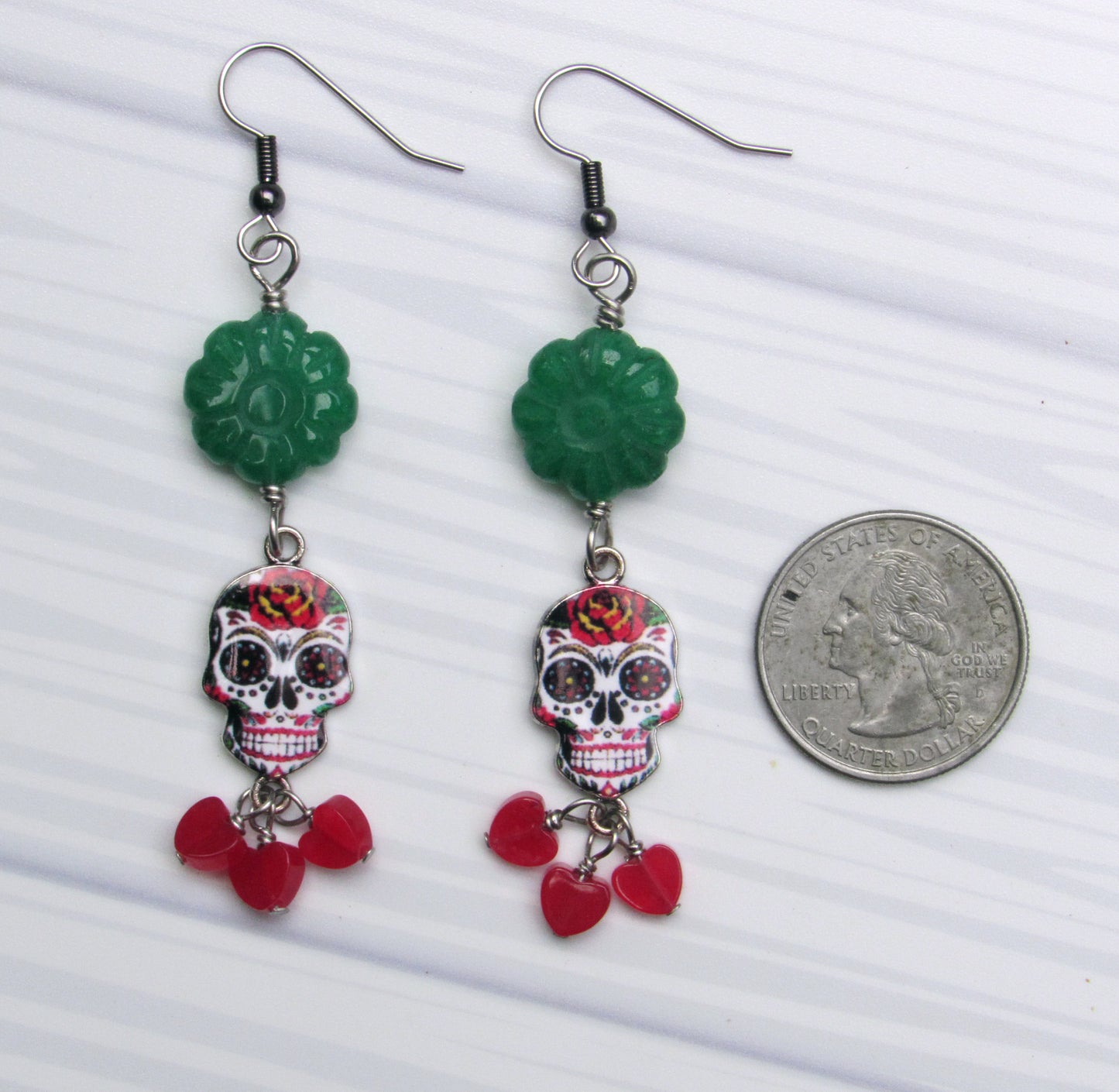 Sugar Skull with Red and Green Jade dangle earrings