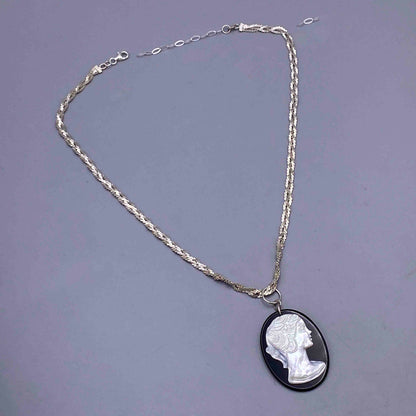 Onyx and Mother of Pearl Cameo on Repurposed Vintage Silver Chain