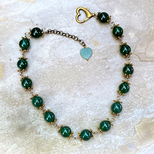 Brass and Green Agate Gemstone Necklace.