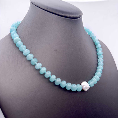 Candy Jade, Amazonite Gemstone, and Pearl beaded Necklace