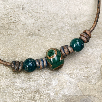 Tibetan Agate and Green Agate Leather Necklace