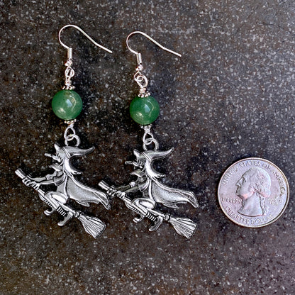 Halloween Witch and Green Aventurine Dangle Earrings