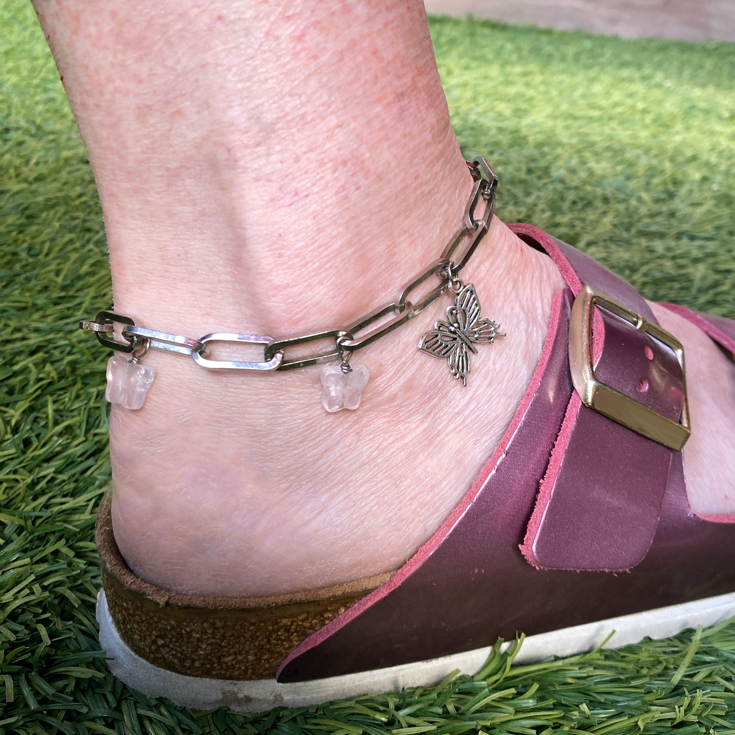 Rose Quartz gemstone Butterfly Anklet