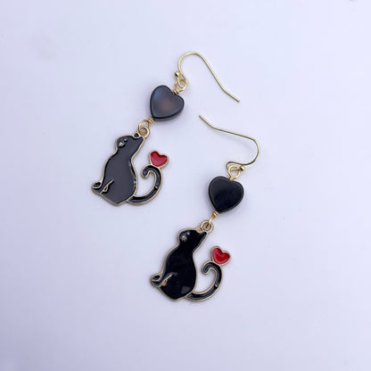 Black Cat and Onyx Gemstone Heart Earrings