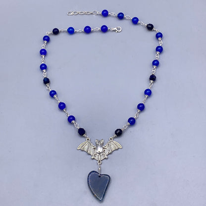 Blue Agate gemstone crystals bat pendant Halloween Necklace