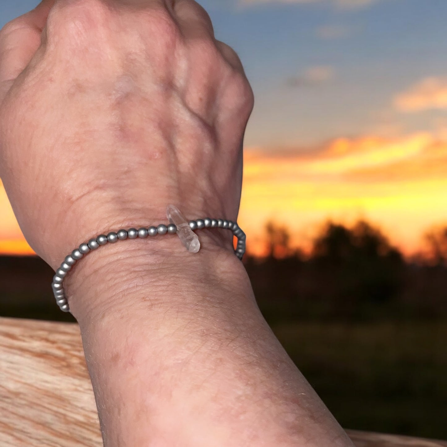 Dainty matte silver Hematite and Quartz gemstone Beaded Stretch Bracelet