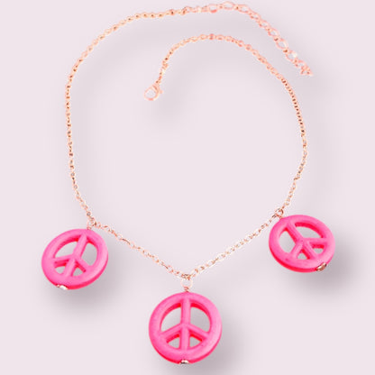 Pink Howlite Peace Sign Copper Necklace