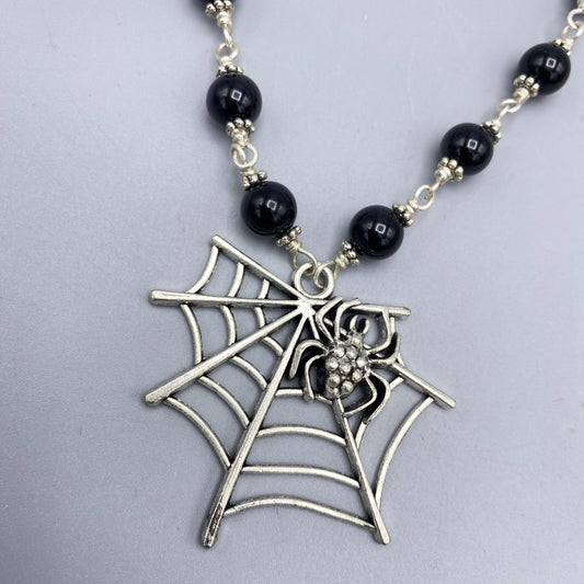 Onyx gemstone and Spider Web pendant Necklace