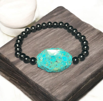 Turquoise and Stainless Steel Beaded Stretch Bracelet