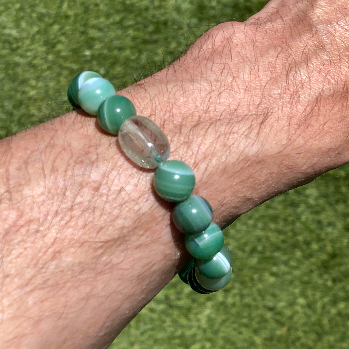 Green Banded Agate and Ghost Quartz Beaded Bracelet