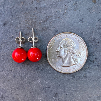 Red coral gemstone stud earrings
