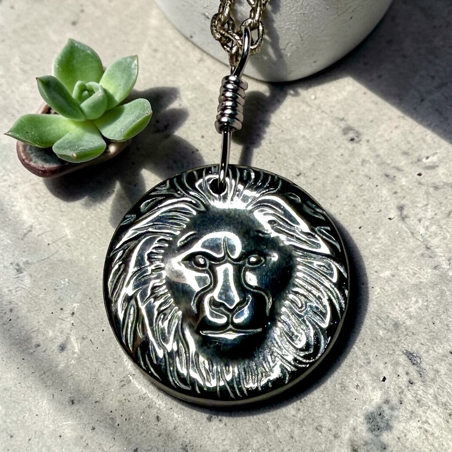 Hematite Lion Pendant on Patina copper chain Necklace
