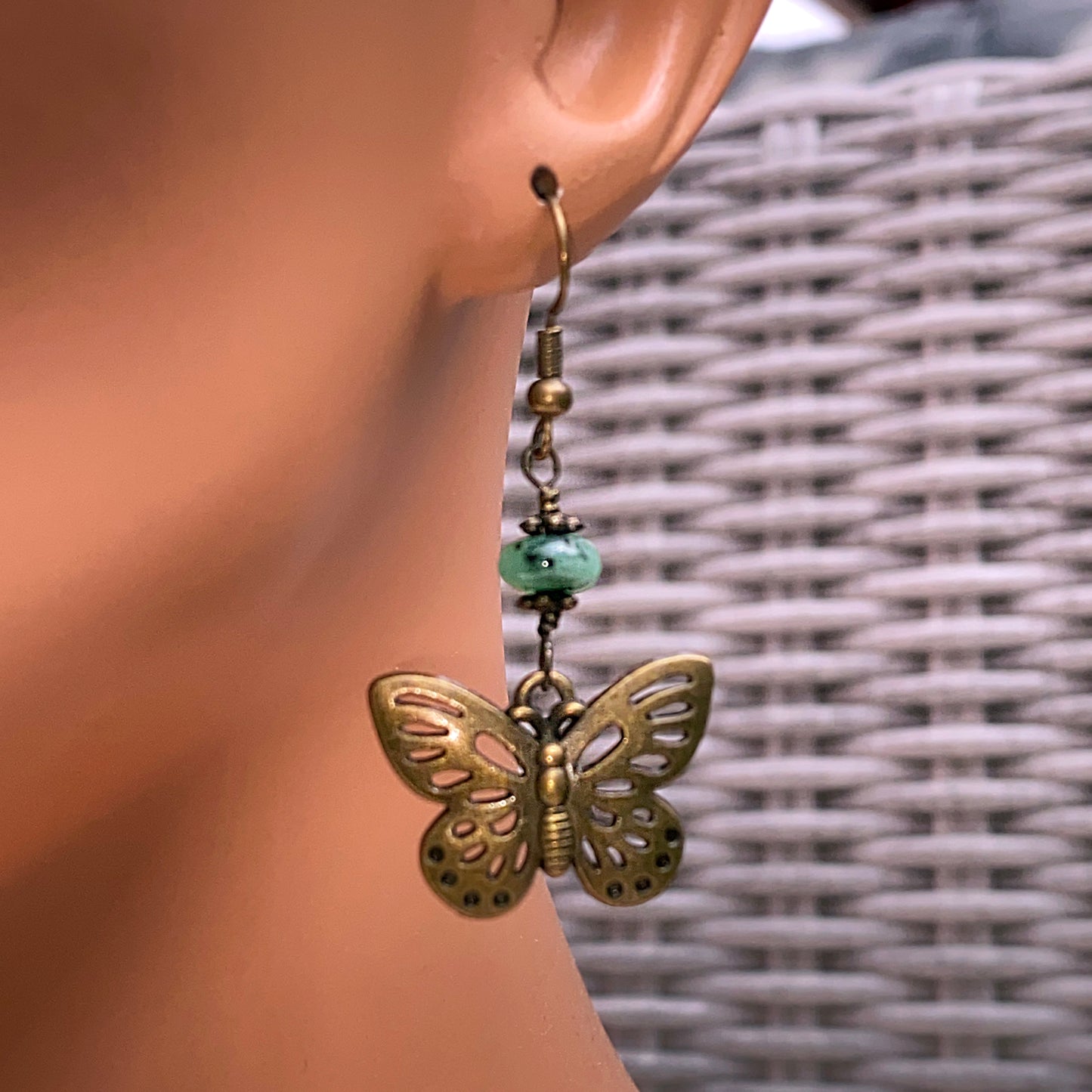 Emerald and Brass Butterfly Dangle Earrings