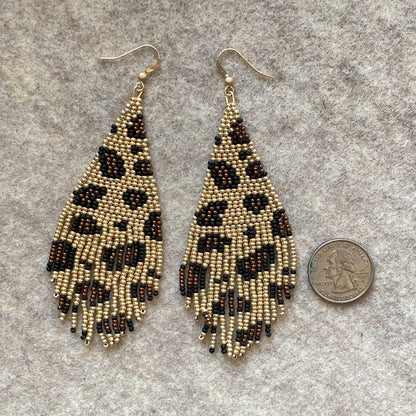 Leopard Print Seed Glass Bead fringe Earrings