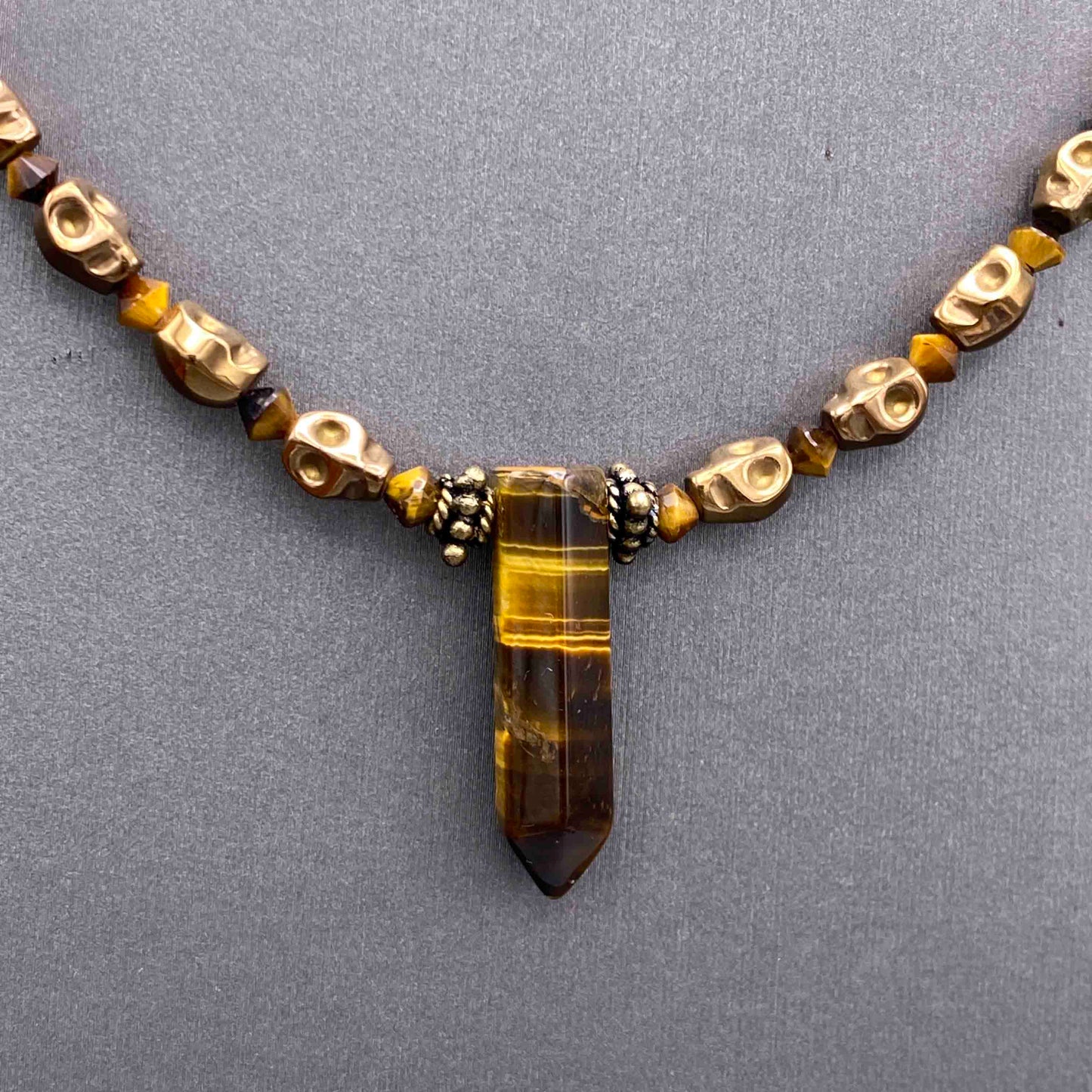 Tiger Eye and Hematite Skull Necklace