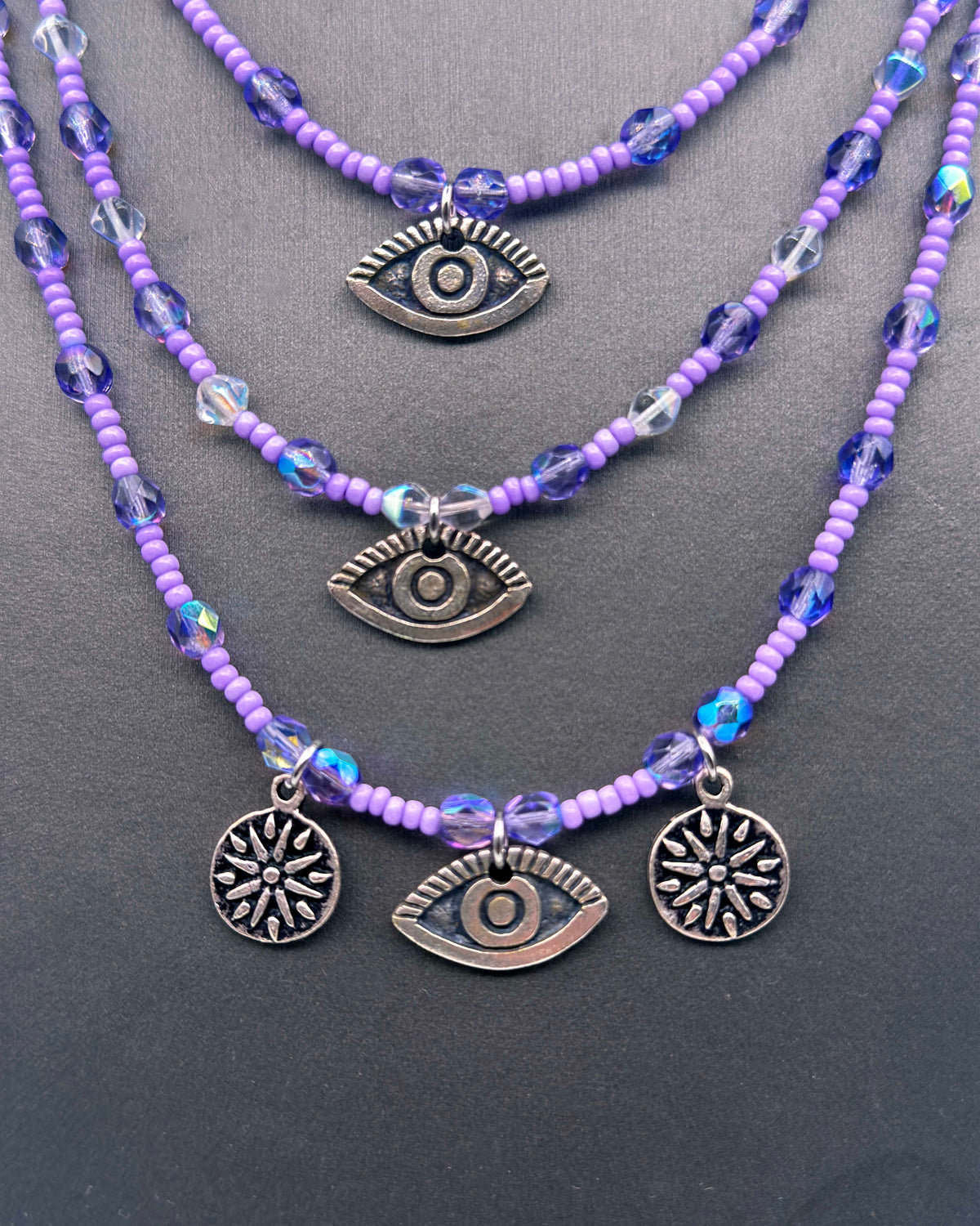 Three strand Glass Beaded Necklace with Evil eye