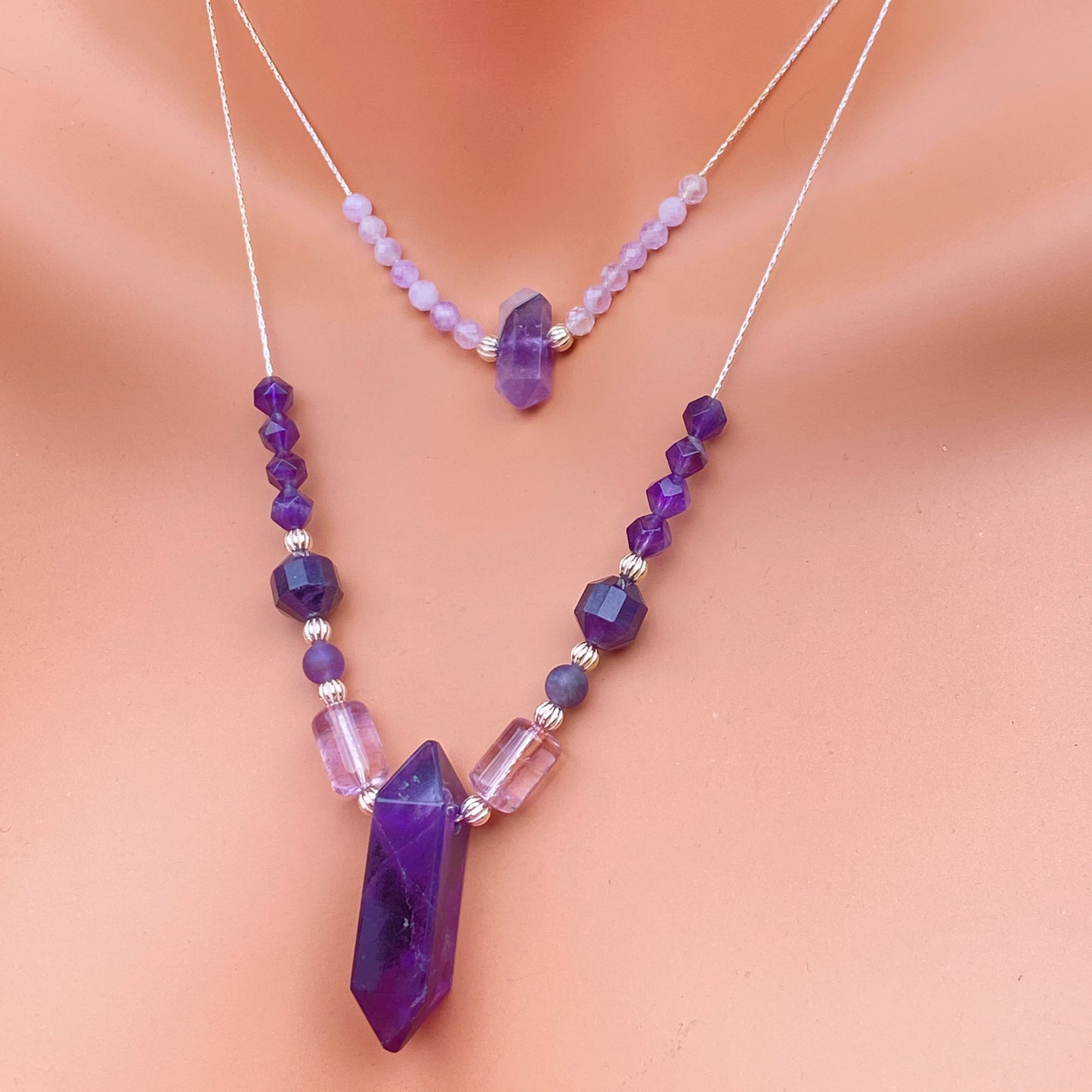 Amazing Layered Amethyst gemstone Necklace with sterling silver.