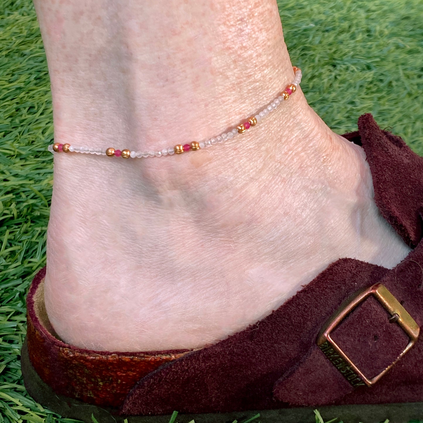 Rose Quartz and Red Spinel gemstone Anklet