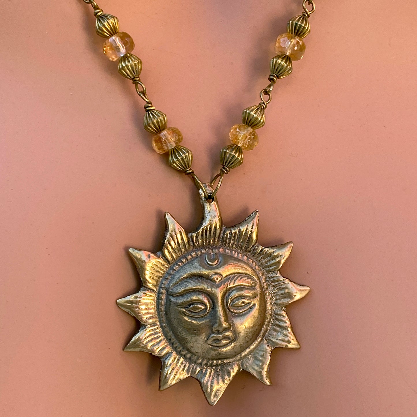 Brass Sun and Citrine Necklace