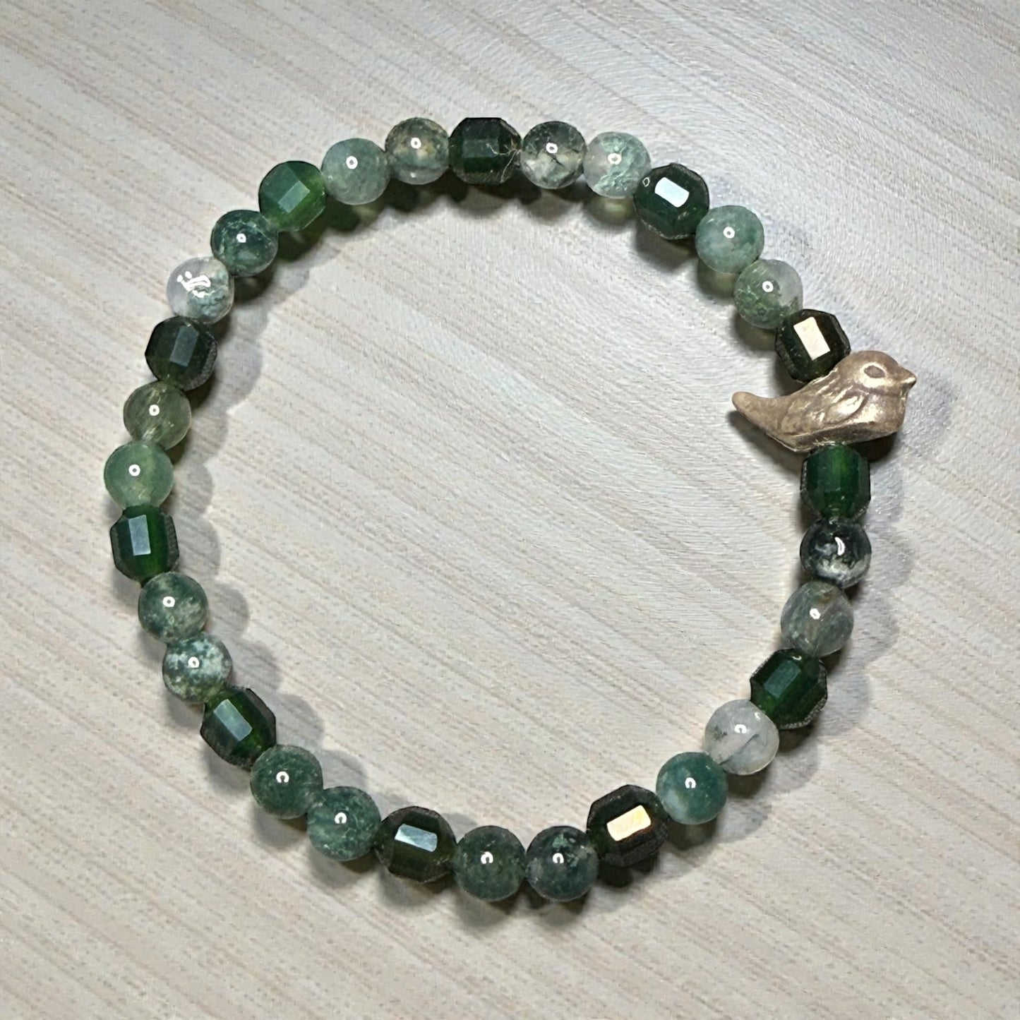 Moss Agate Gemstone and bird bracelet