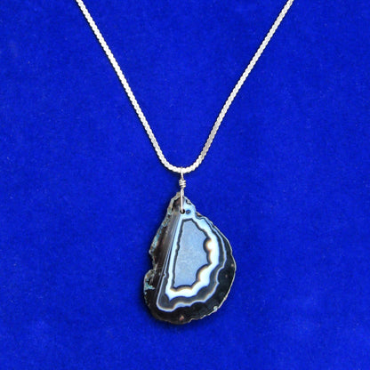 Black Banded Agate gemstone slice on Vintage Silver Chain