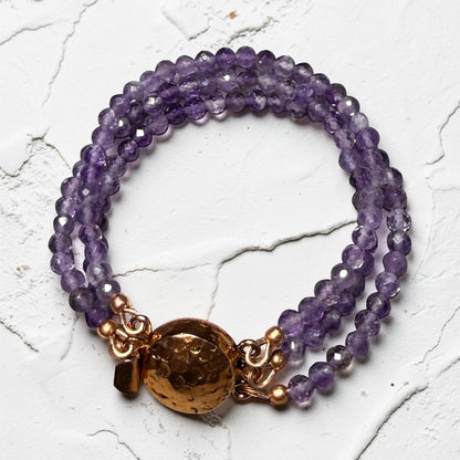 Amethyst Three Strand and Copper Bracelet