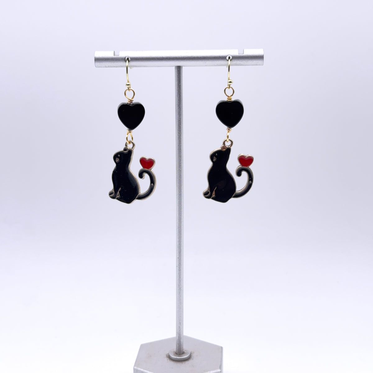 Black Cat and Onyx Gemstone Heart Earrings