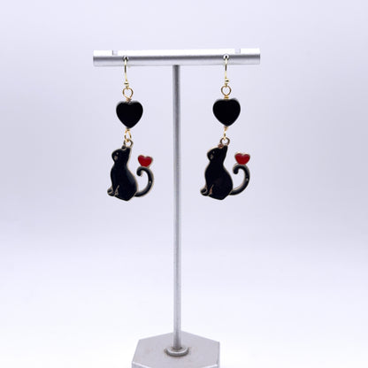 Black Cat and Onyx Gemstone Heart Earrings