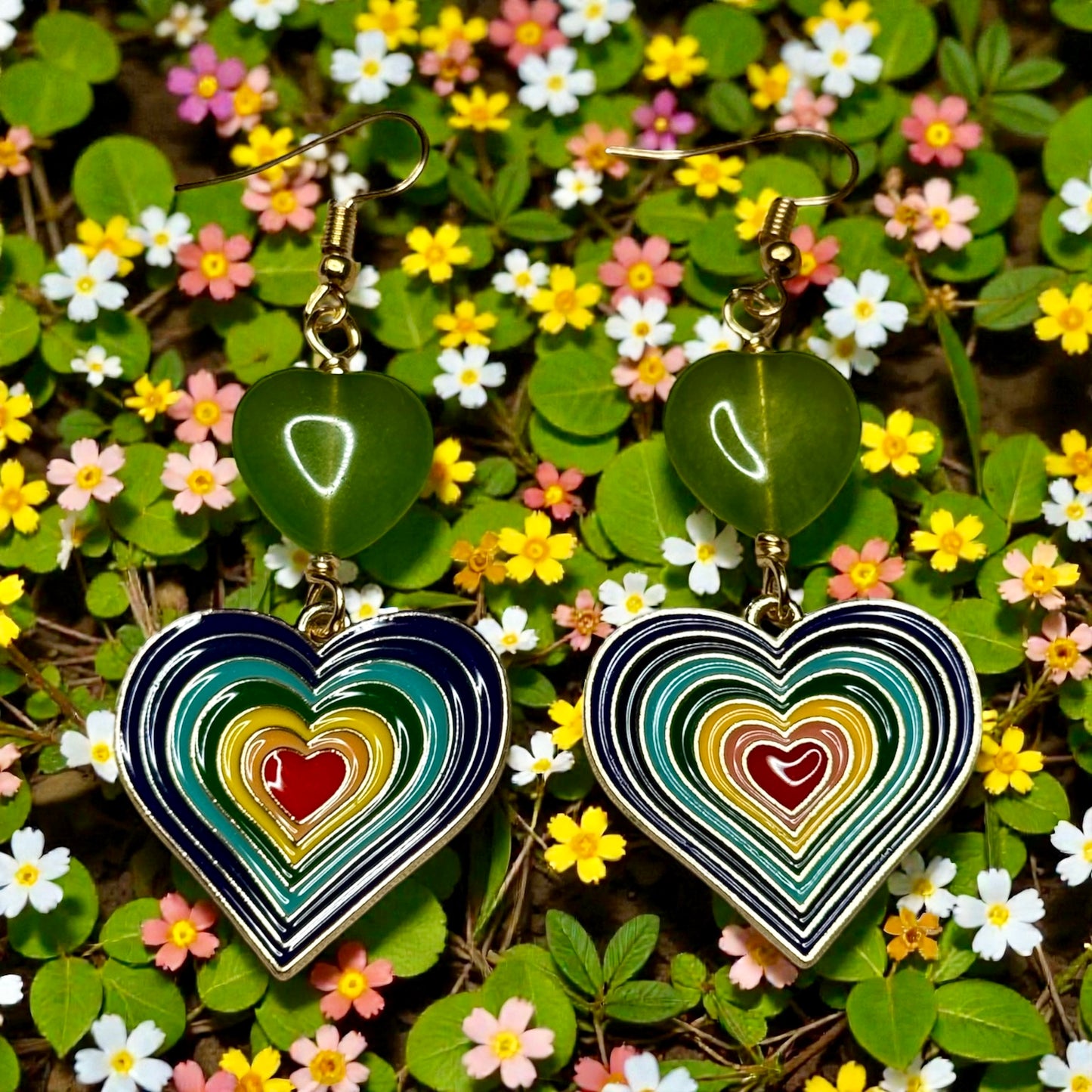 Rainbow Heart and Jade Earrings