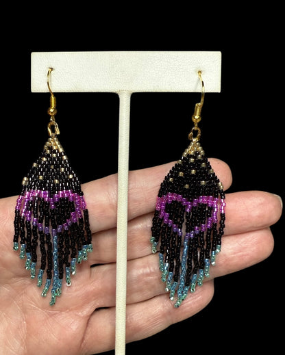 Heart Fringe Metallic Beaded Earrings